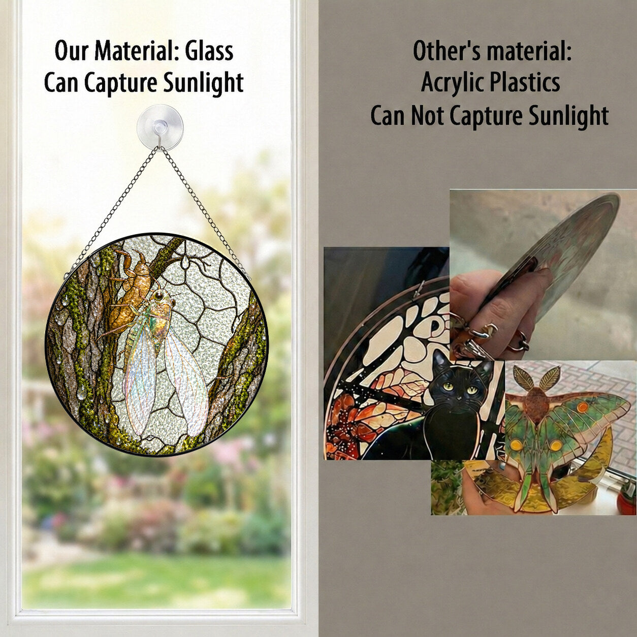 Cicada on Mossy Bark Stained Glass Suncatcher