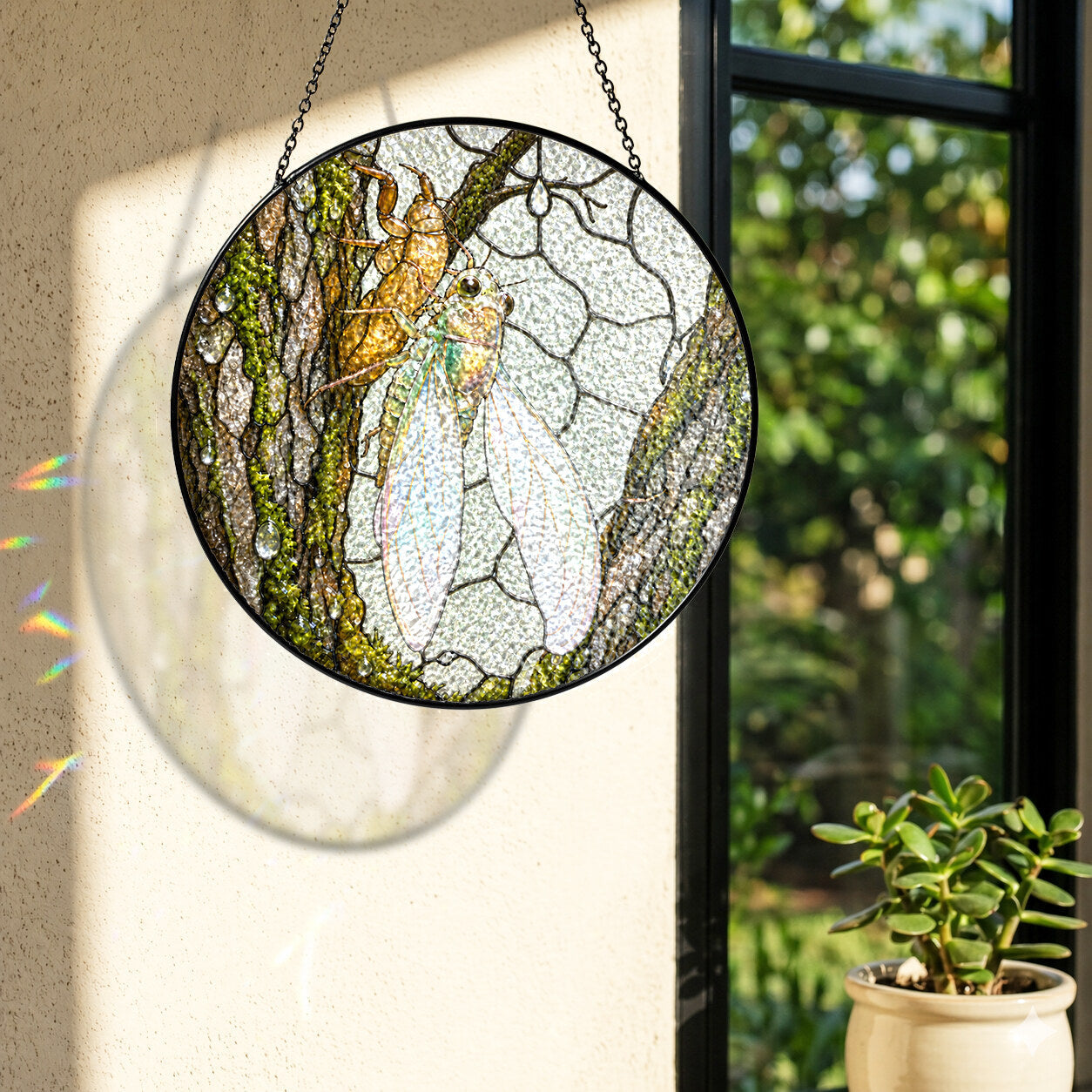 Cicada on Mossy Bark Stained Glass Suncatcher