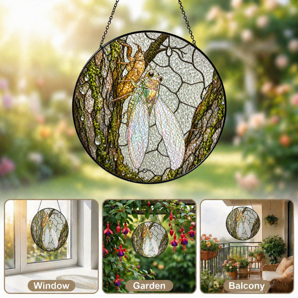 Cicada on Mossy Bark Stained Glass Suncatcher