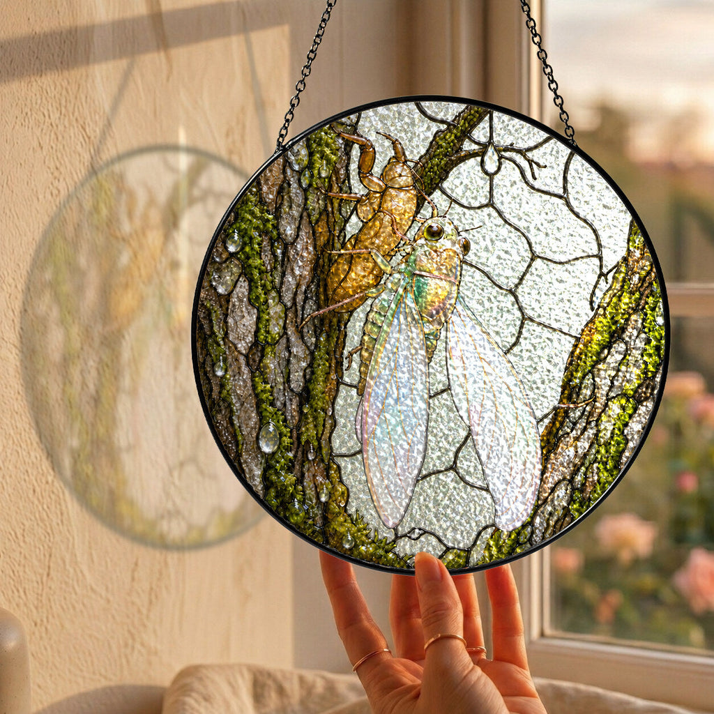 Cicada on Mossy Bark Stained Glass Suncatcher