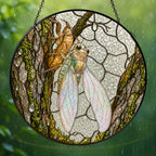 Cicada on Mossy Bark Stained Glass Suncatcher