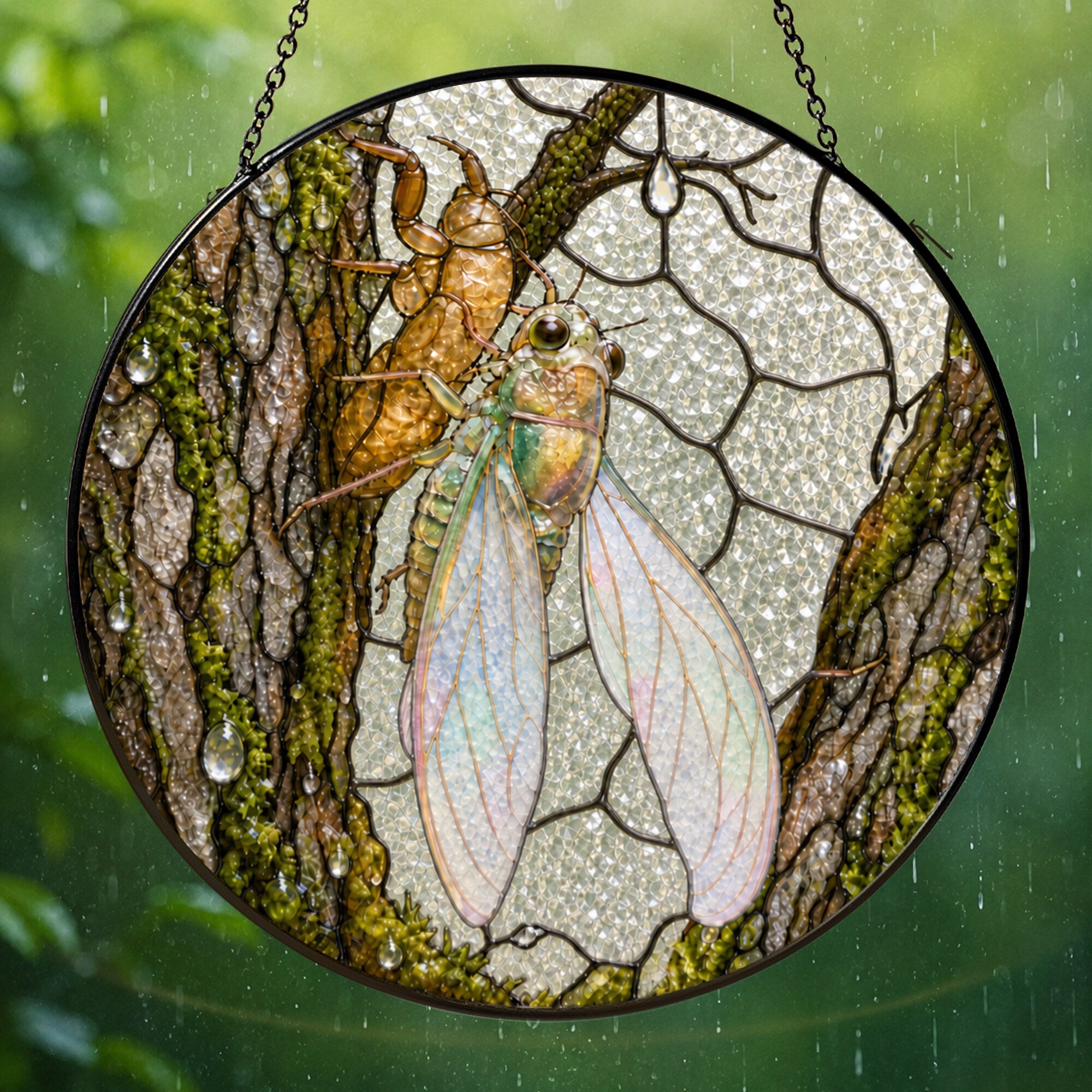 Cicada on Mossy Bark Stained Glass Suncatcher
