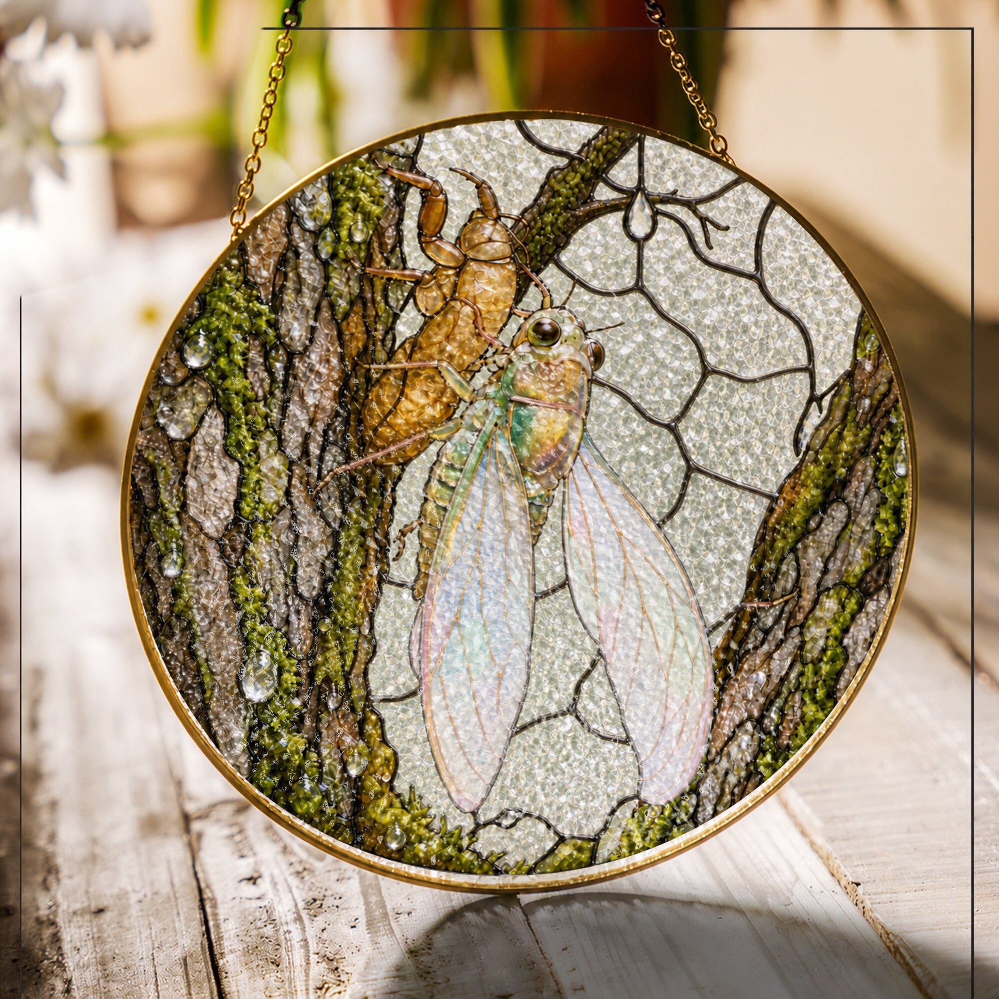 Cicada on Mossy Bark Stained Glass Suncatcher