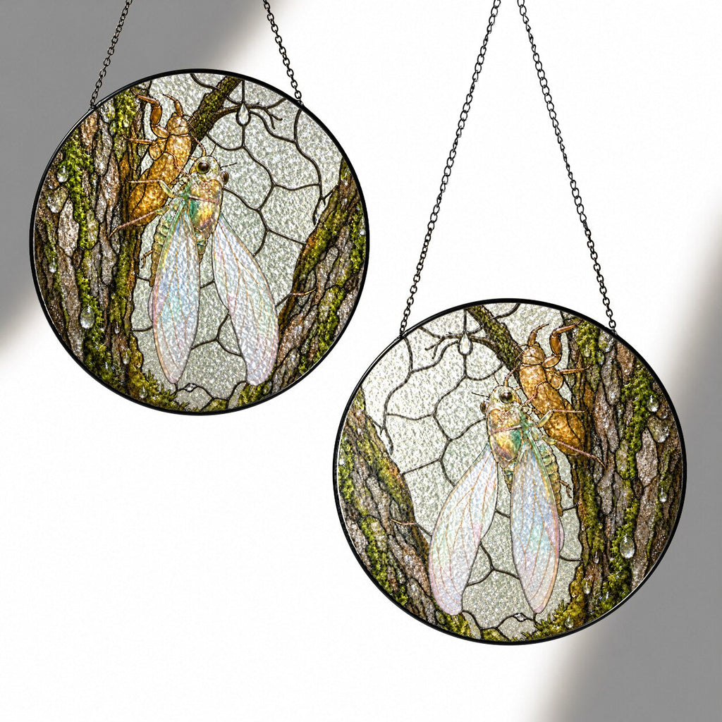 Cicada on Mossy Bark Stained Glass Suncatcher