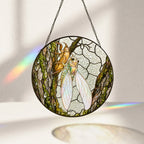 Cicada on Mossy Bark Stained Glass Suncatcher