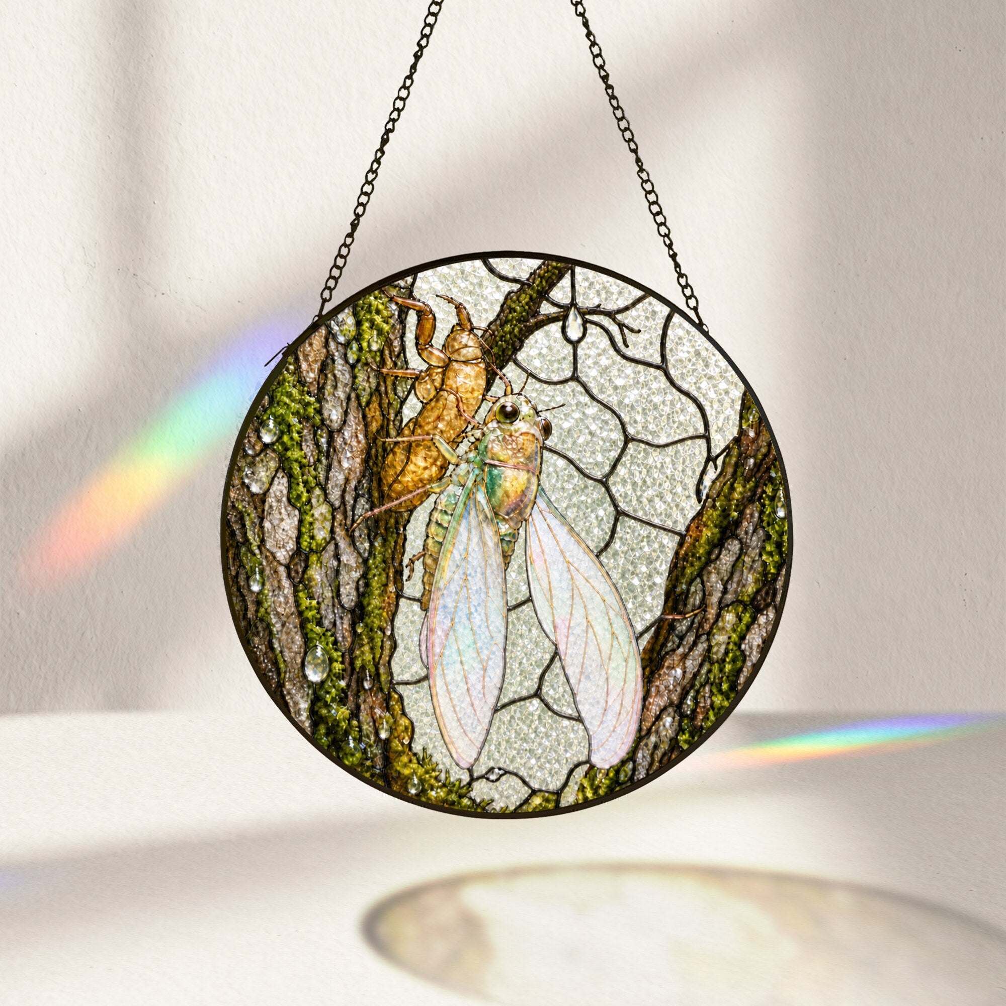 Cicada on Mossy Bark Stained Glass Suncatcher