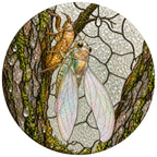 Cicada on Mossy Bark Stained Glass Suncatcher