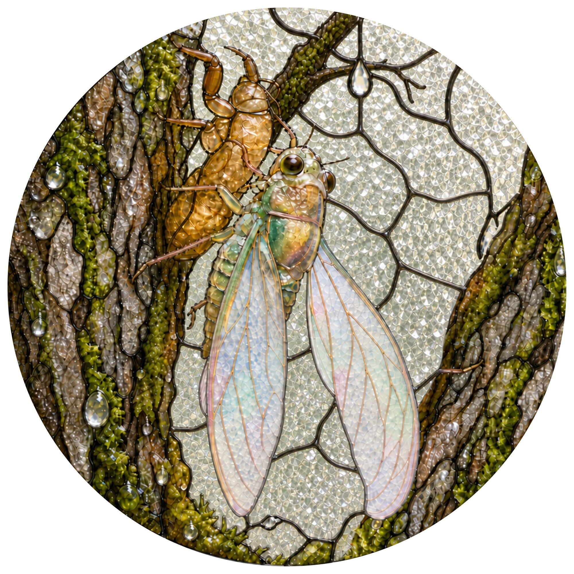 Cicada on Mossy Bark Stained Glass Suncatcher