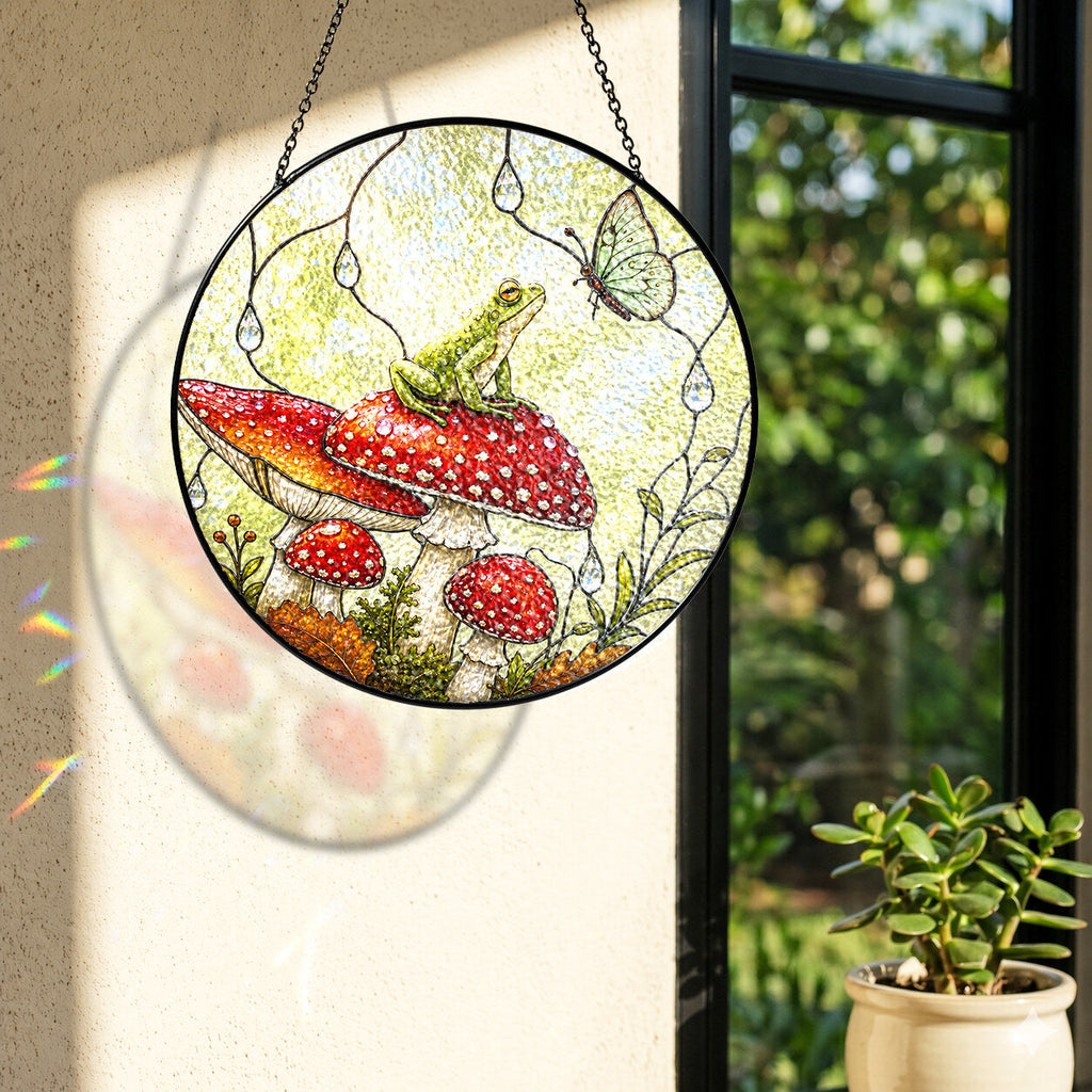 Frog & Toadstool Rain Shelter Stained Glass Suncatcher