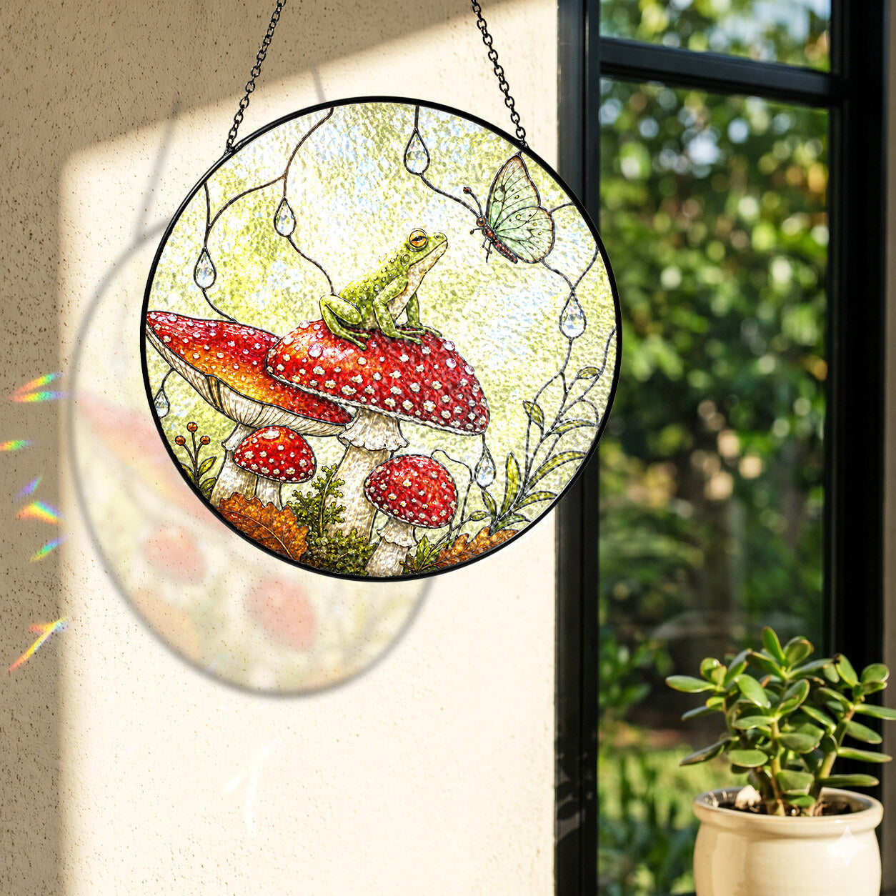 Frog & Toadstool Rain Shelter Stained Glass Suncatcher