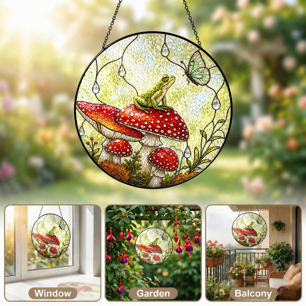 Frog & Toadstool Rain Shelter Stained Glass Suncatcher