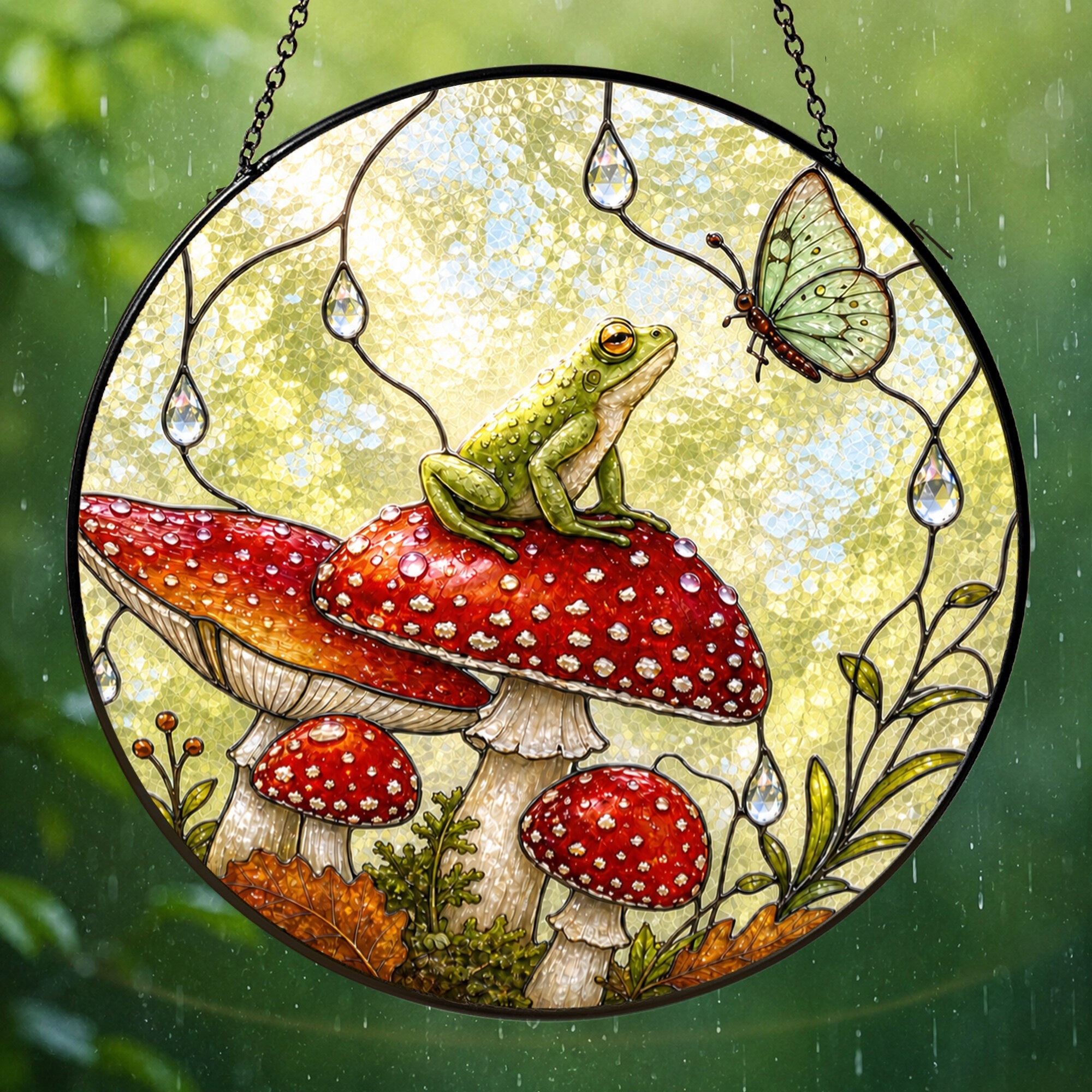 Frog & Toadstool Rain Shelter Stained Glass Suncatcher