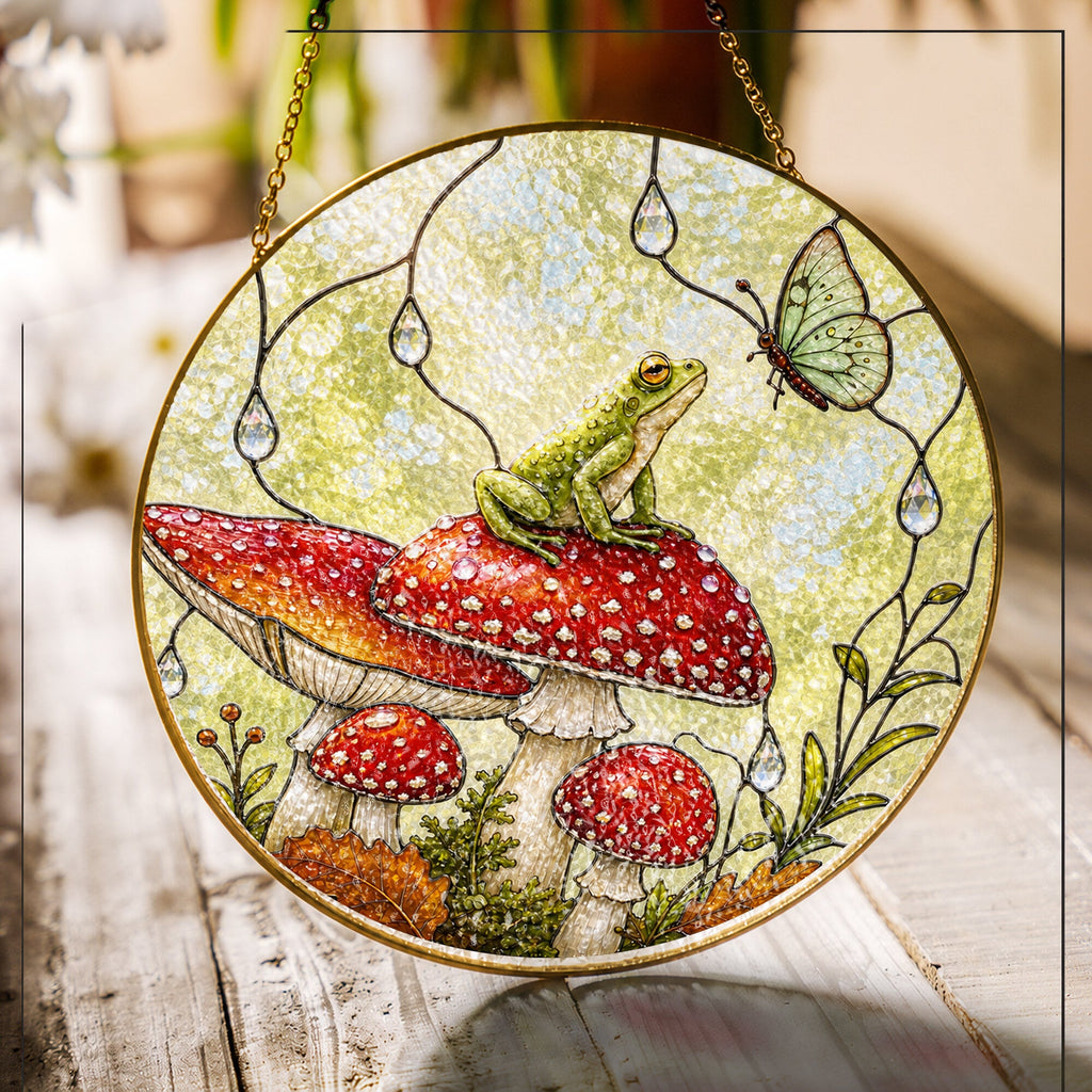Frog & Toadstool Rain Shelter Stained Glass Suncatcher