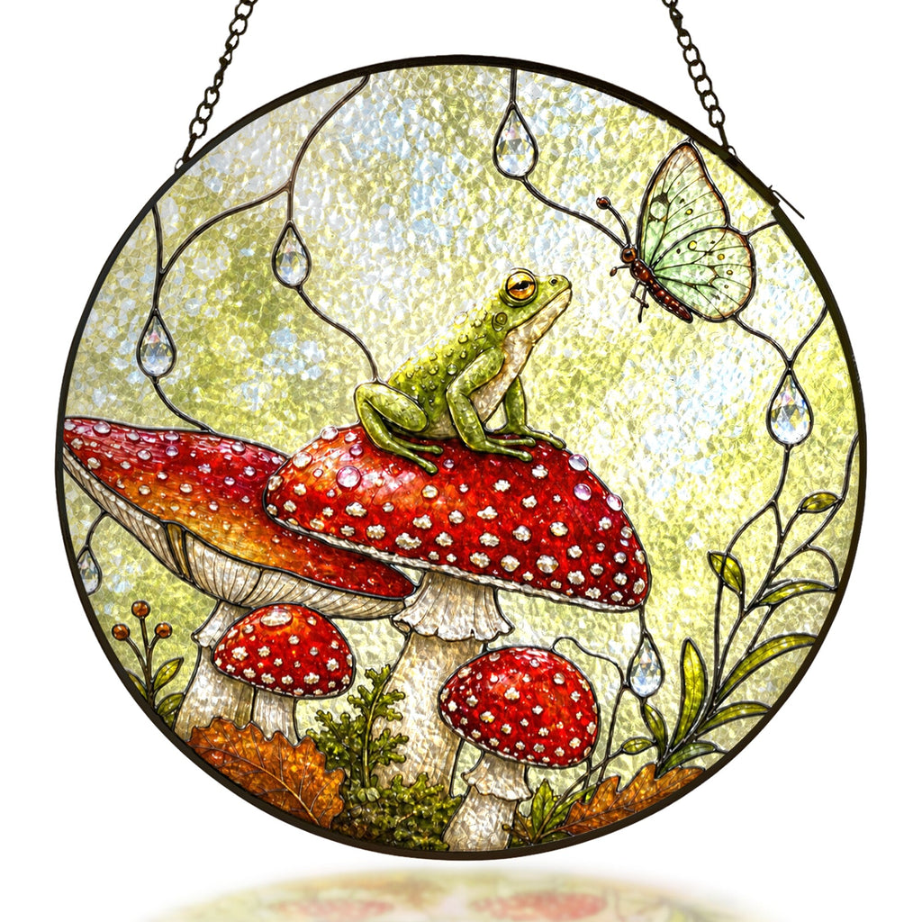Frog & Toadstool Rain Shelter Stained Glass Suncatcher