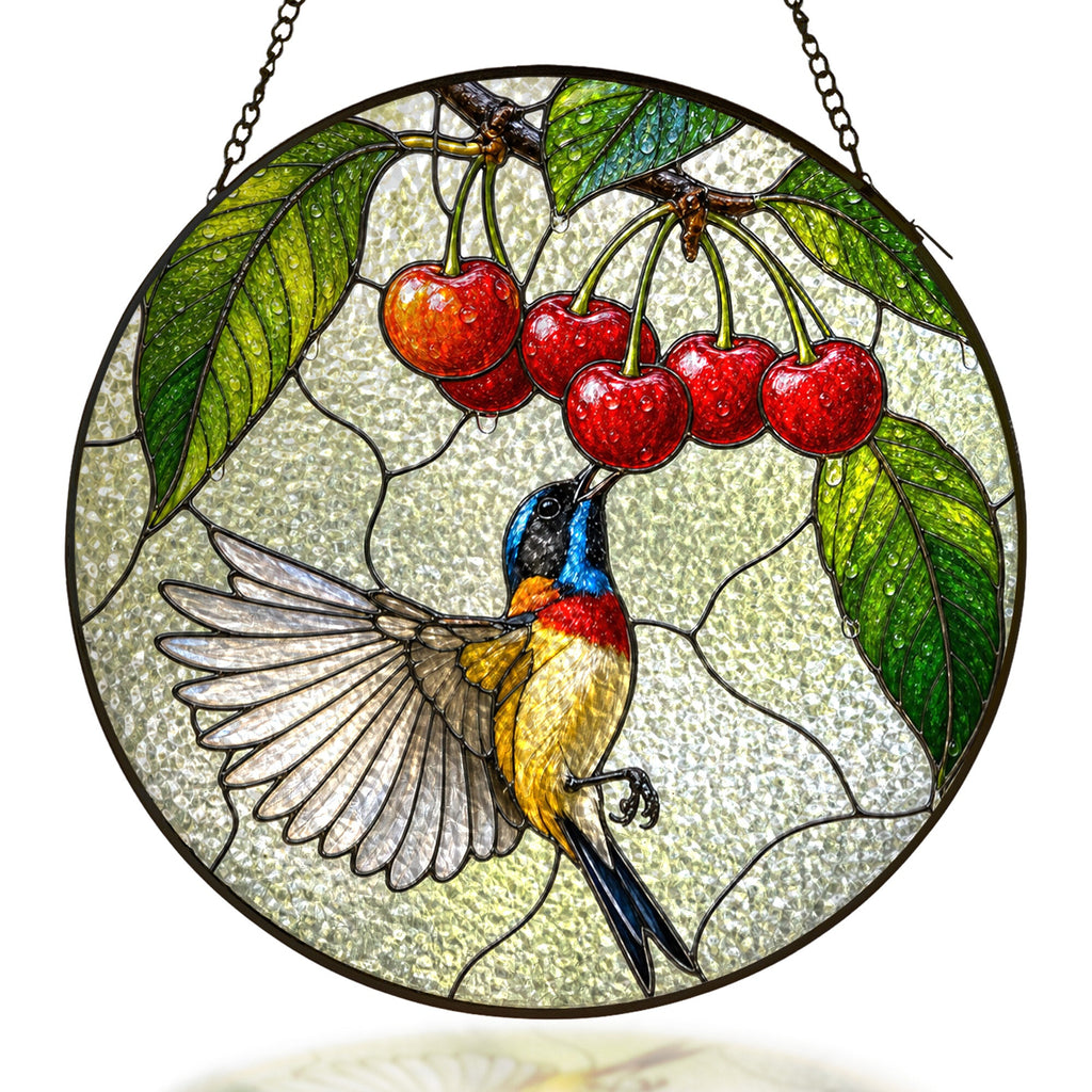 Sunbird and cherries stained glass suncatcher