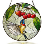 Sunbird and cherries stained glass suncatcher