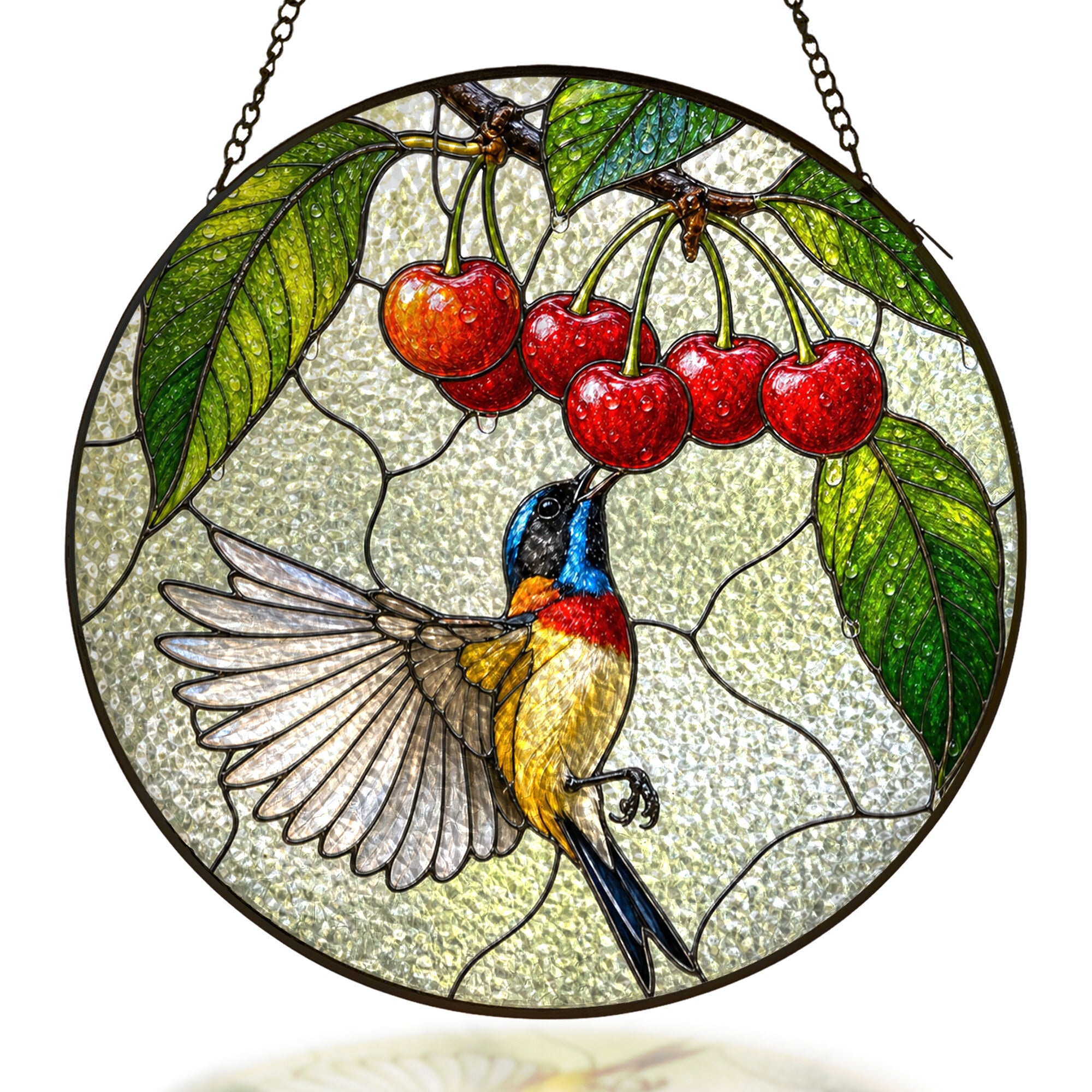 Sunbird and cherries stained glass suncatcher