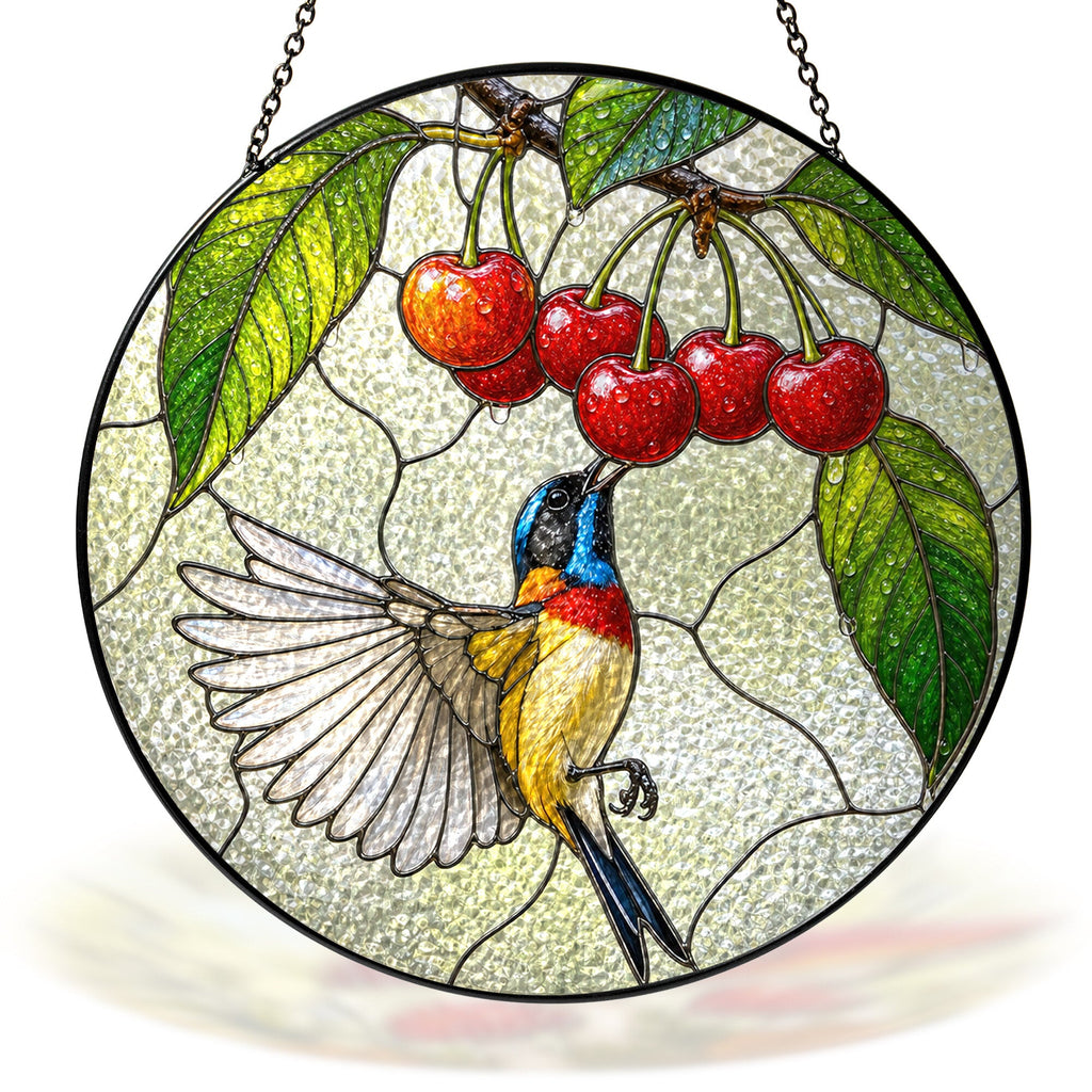 Sunbird & Cherries Stained Glass Suncatcher
