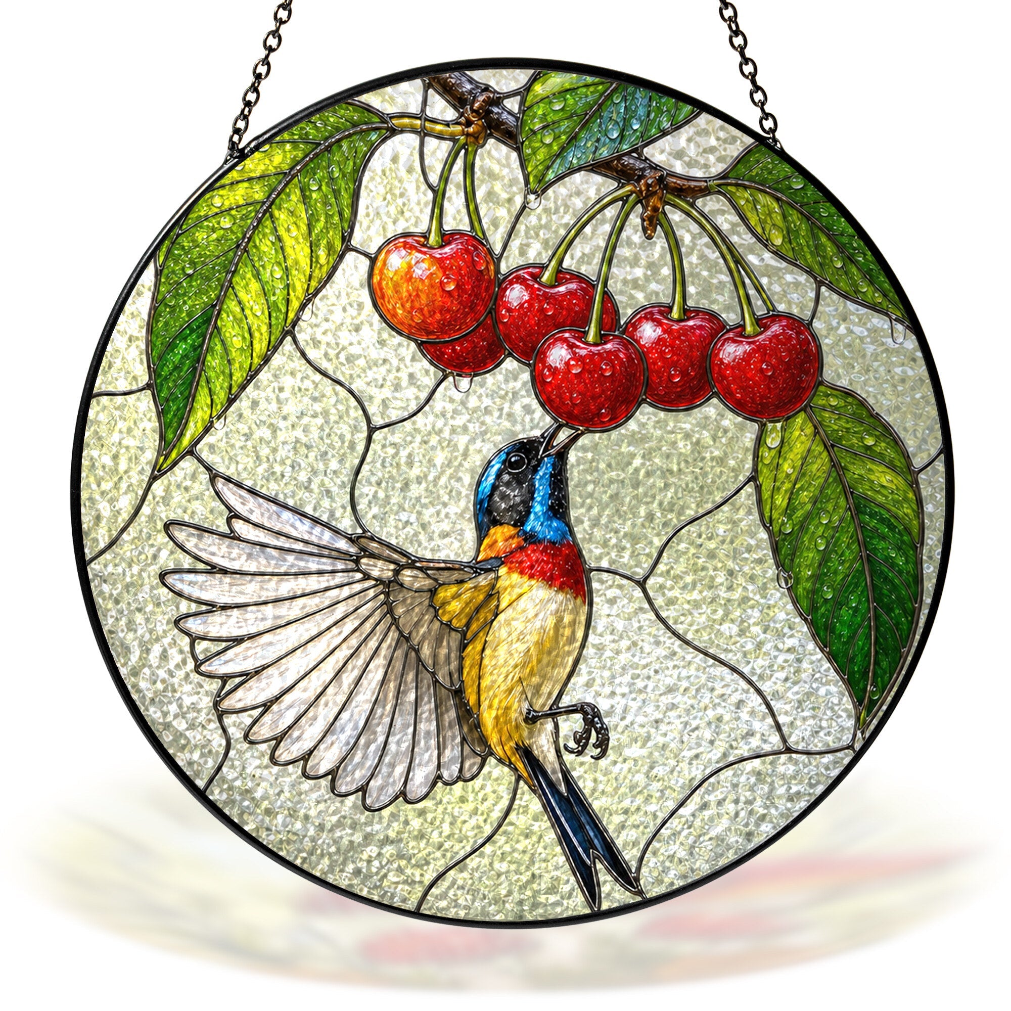 Sunbird & Cherries Stained Glass Suncatcher