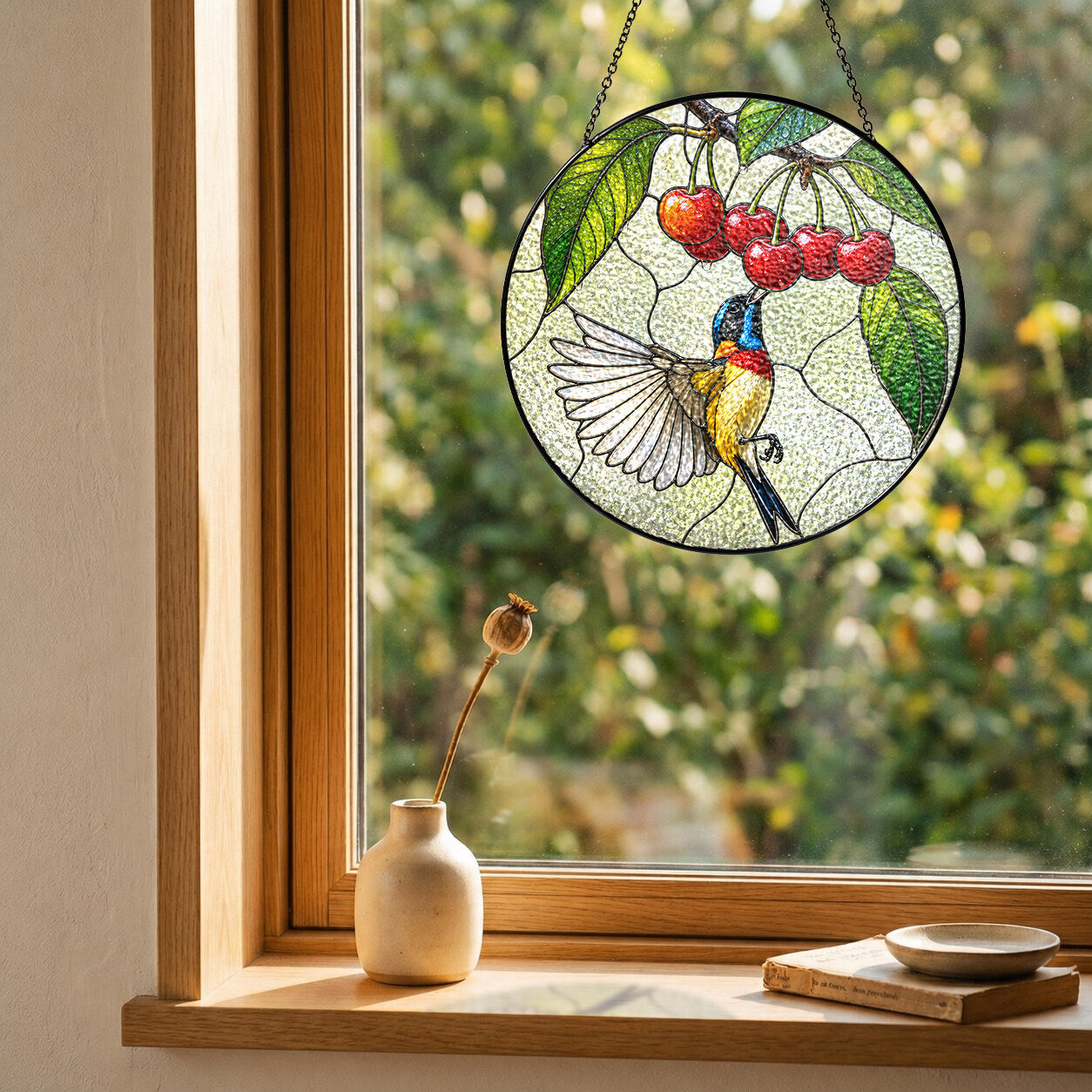 Sunbird & Cherries Stained Glass Suncatcher