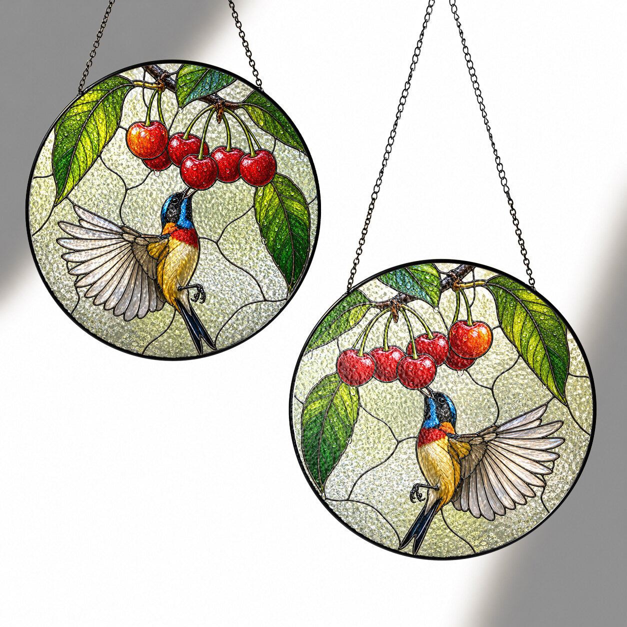 Sunbird & Cherries Stained Glass Suncatcher