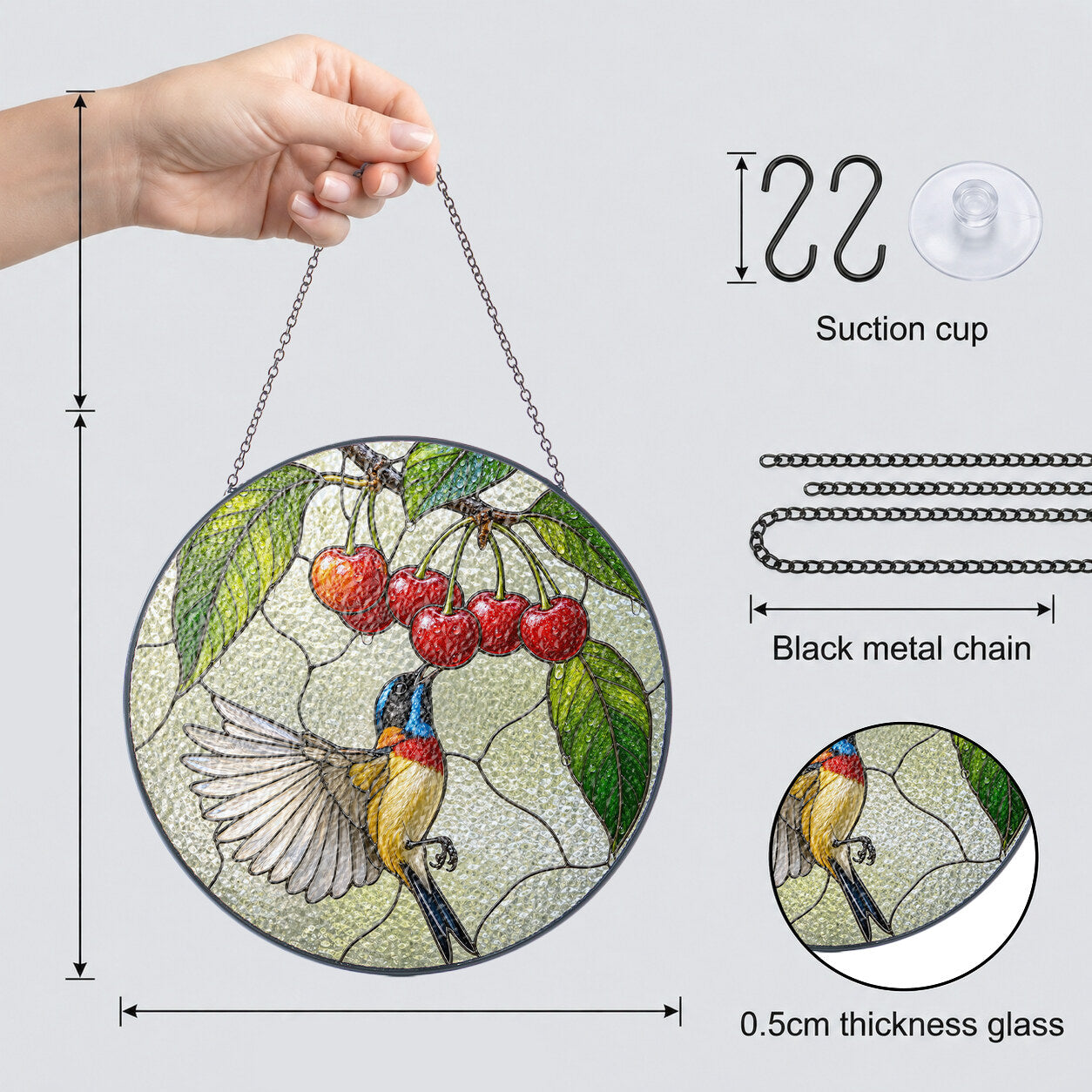 Sunbird & Cherries Stained Glass Suncatcher