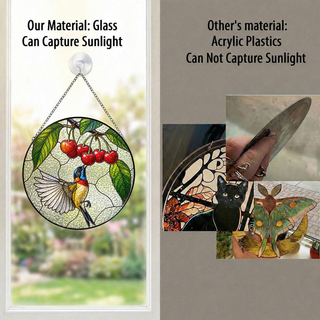 Sunbird & Cherries Stained Glass Suncatcher