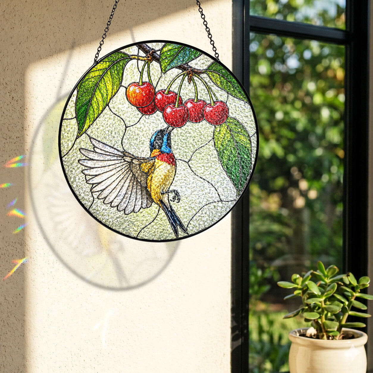 Sunbird & Cherries Stained Glass Suncatcher