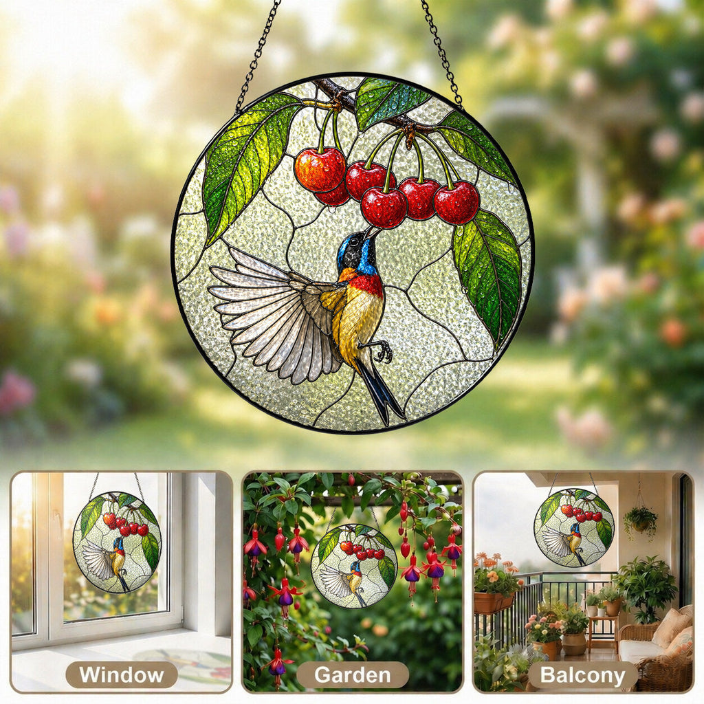 Sunbird & Cherries Stained Glass Suncatcher