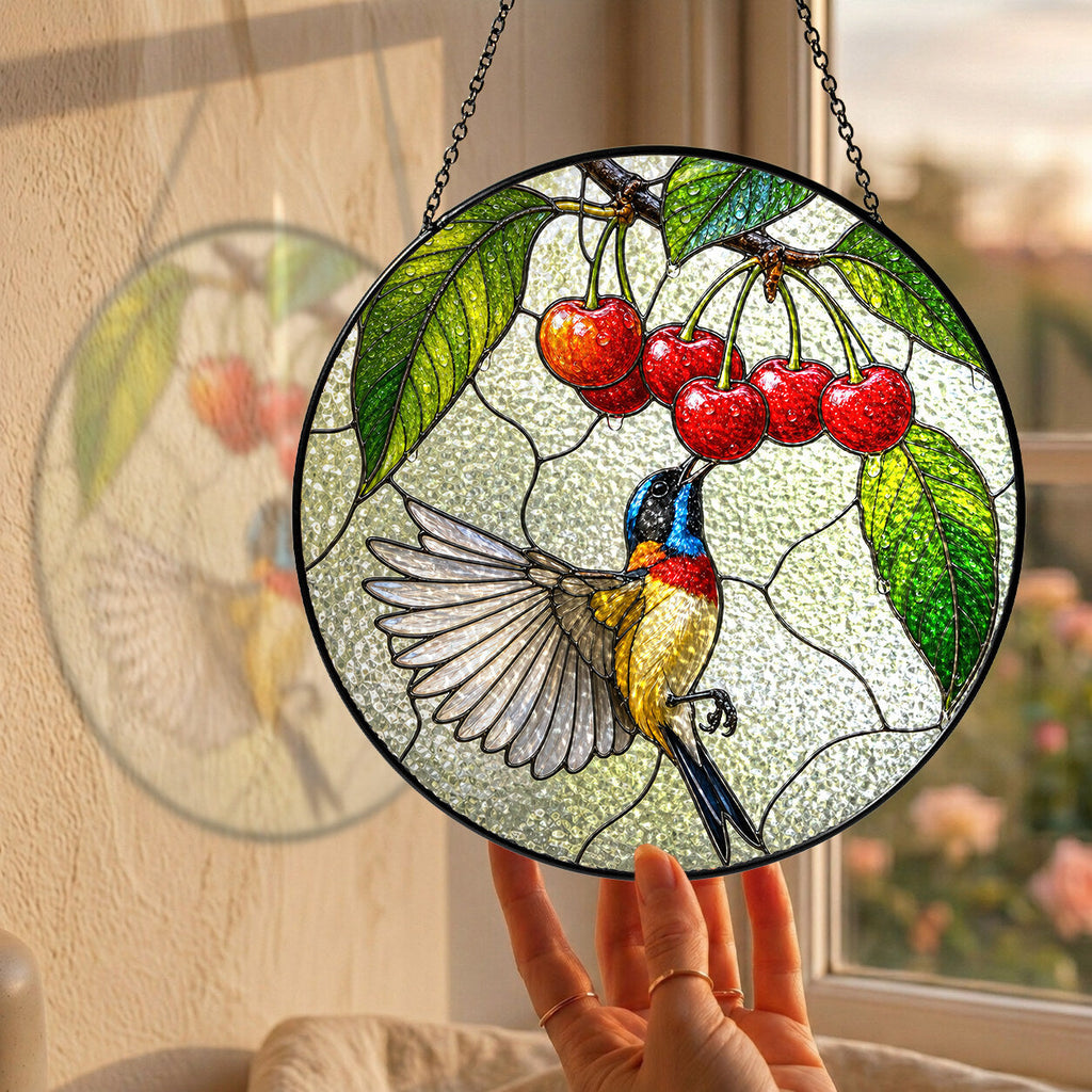 Sunbird & Cherries Stained Glass Suncatcher