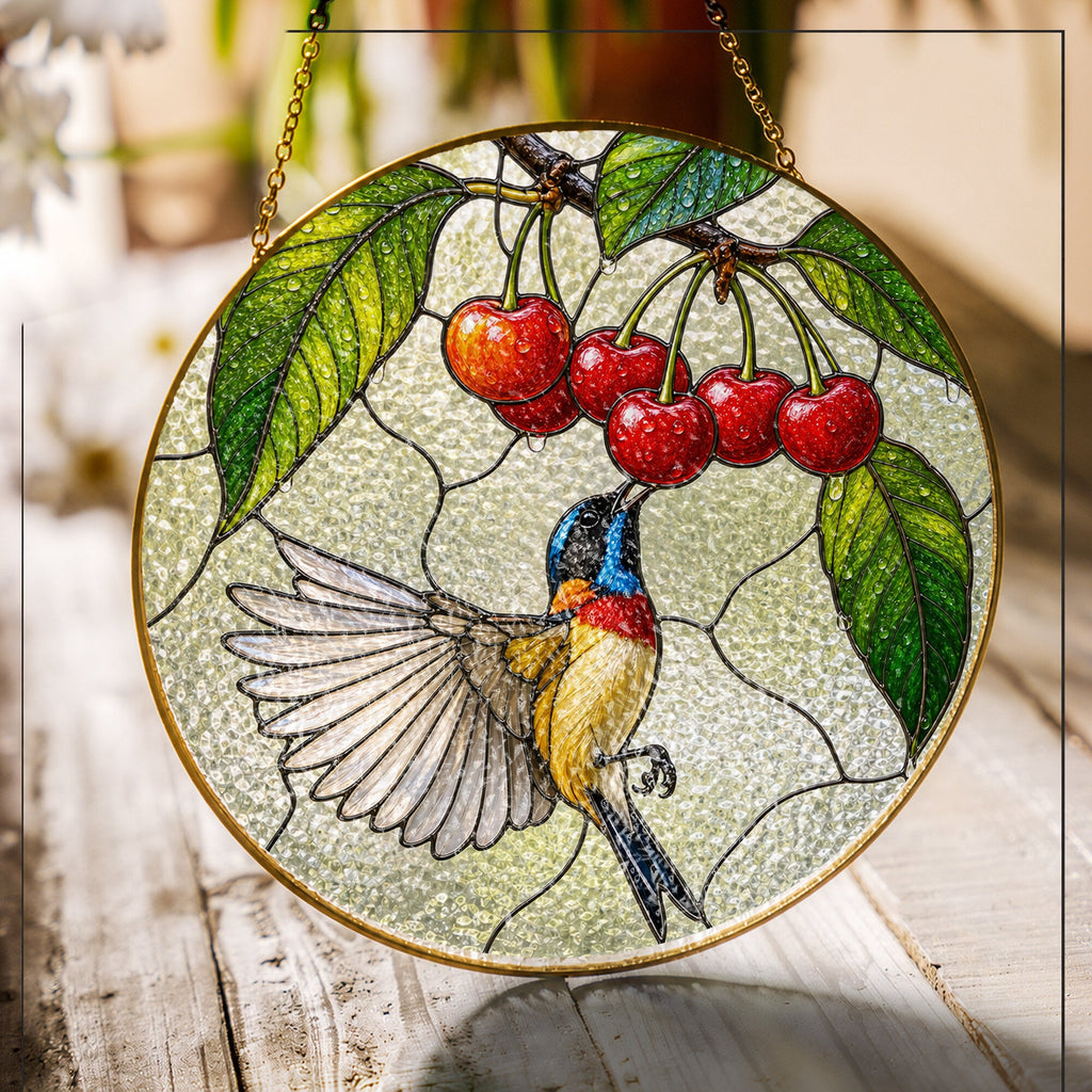 Sunbird & Cherries Stained Glass Suncatcher