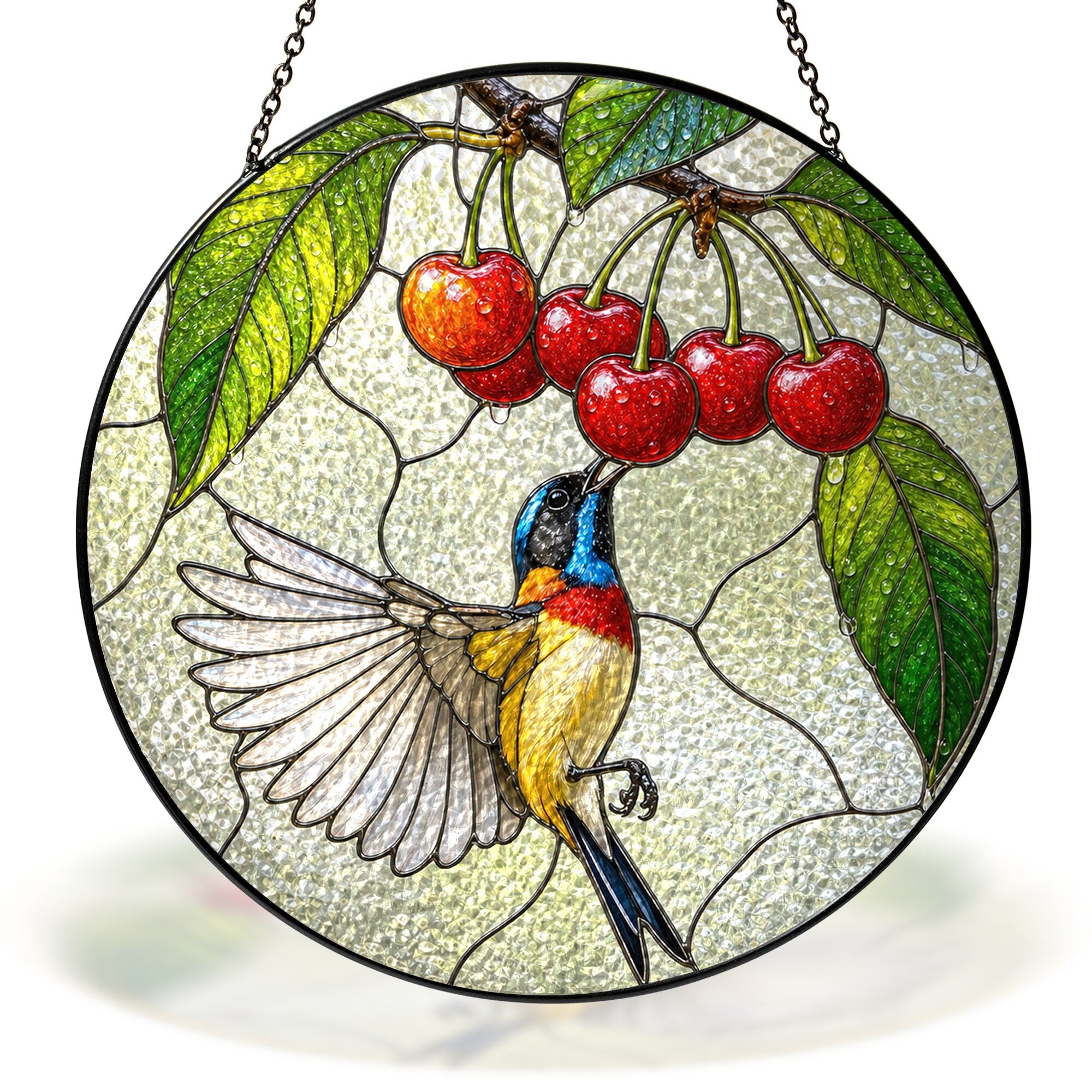 Sunbird & Cherries Stained Glass Suncatcher