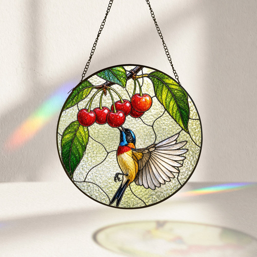 Sunbird & Cherries Stained Glass Suncatcher