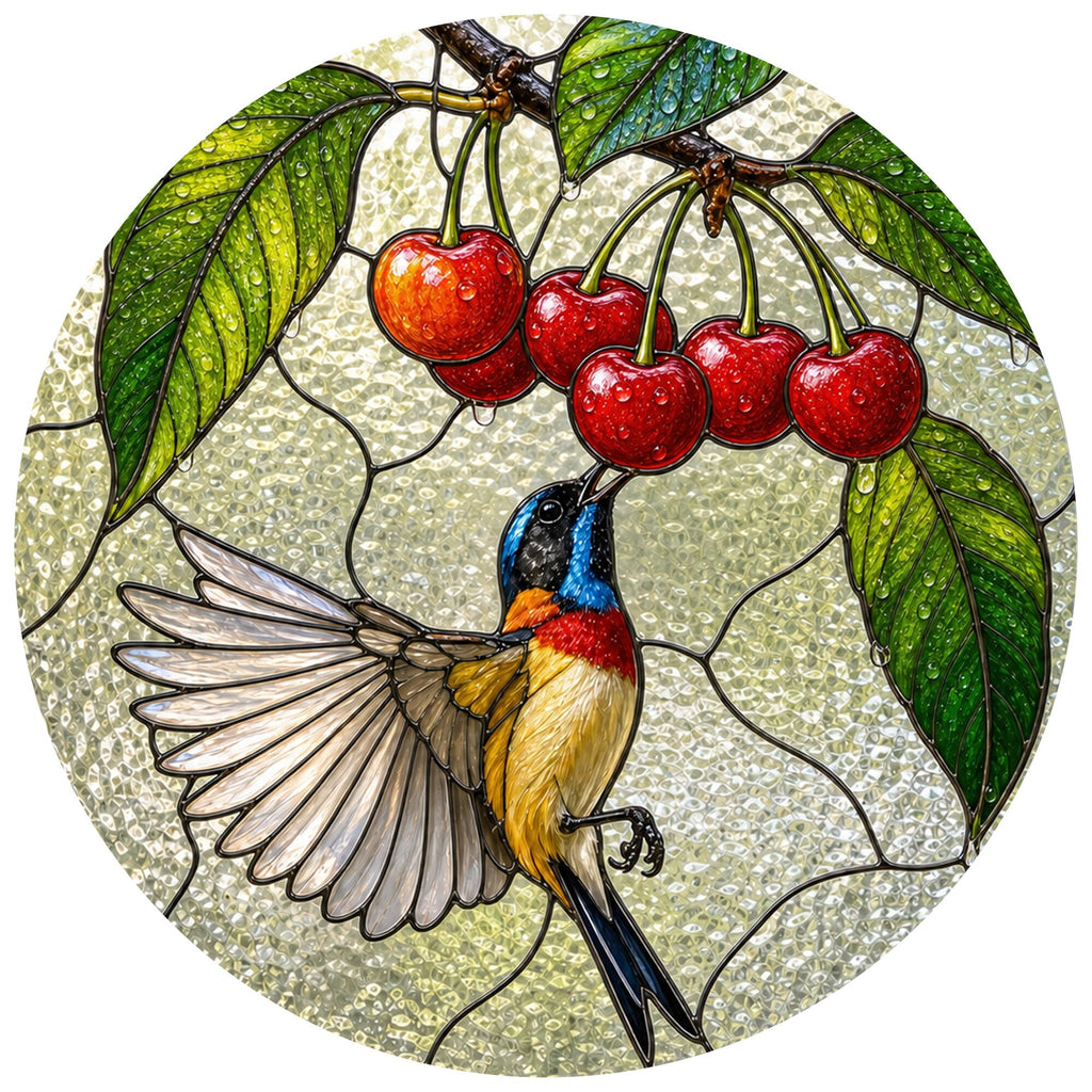 Sunbird & Cherries Stained Glass Suncatcher
