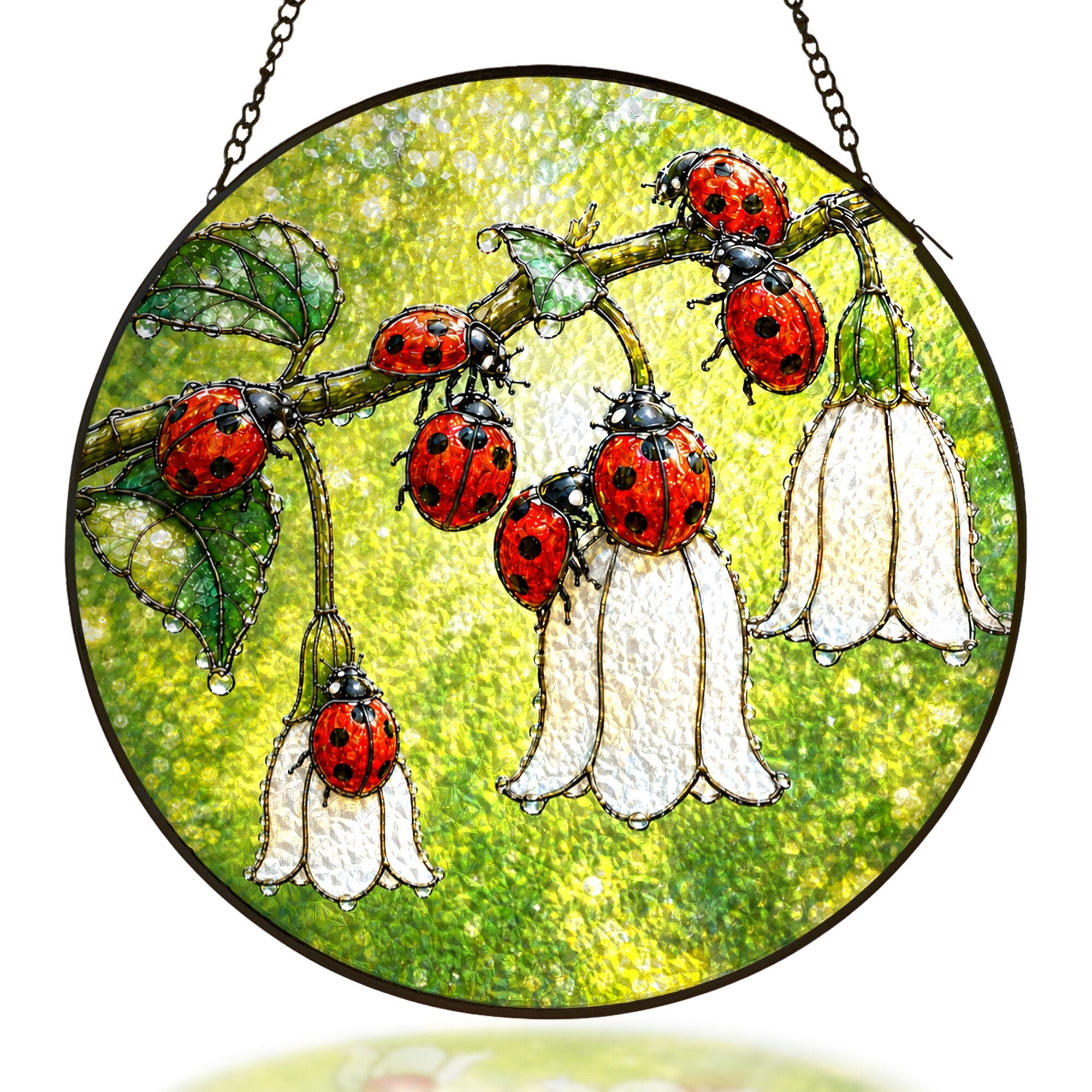Ladybugs and white bellflowers stained glass suncatcher