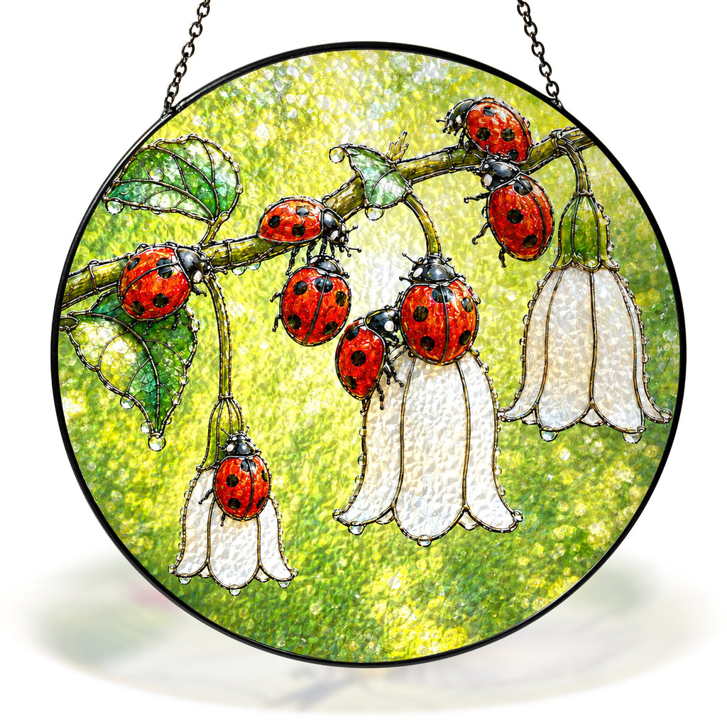Ladybugs & White Bellflowers Stained Glass Suncatcher
