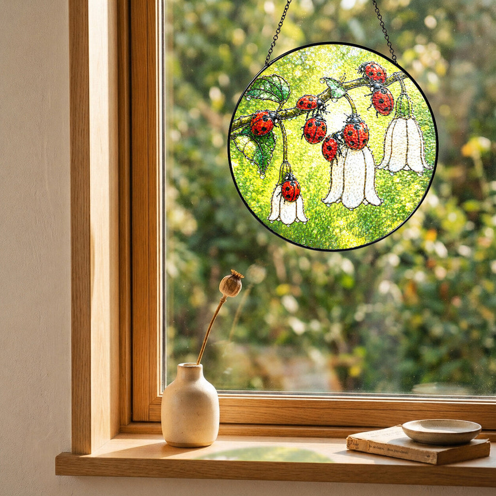 Ladybugs & White Bellflowers Stained Glass Suncatcher