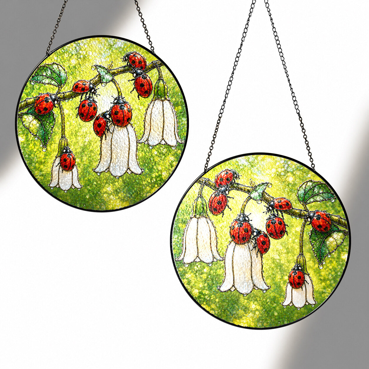 Ladybugs & White Bellflowers Stained Glass Suncatcher