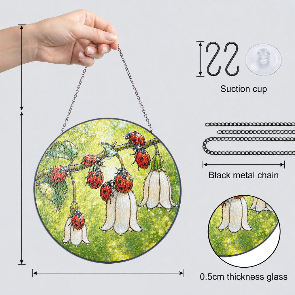 Ladybugs & White Bellflowers Stained Glass Suncatcher