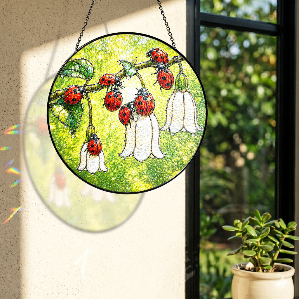 Ladybugs & White Bellflowers Stained Glass Suncatcher