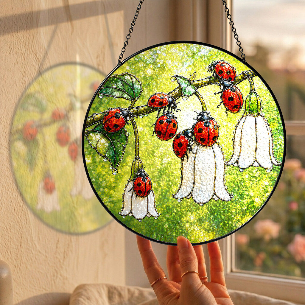 Ladybugs & White Bellflowers Stained Glass Suncatcher
