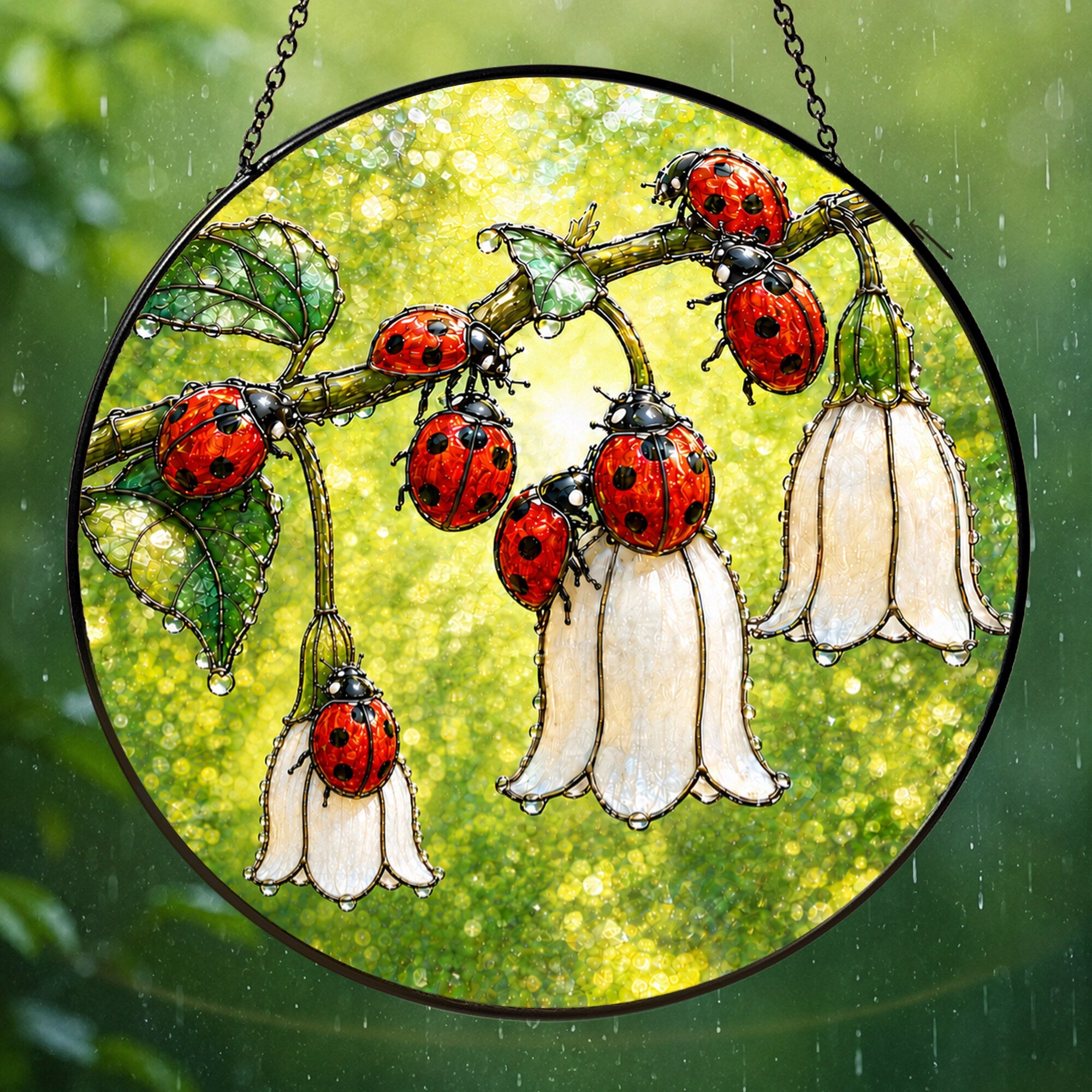 Ladybugs & White Bellflowers Stained Glass Suncatcher