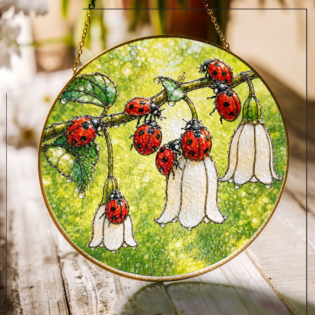 Ladybugs & White Bellflowers Stained Glass Suncatcher