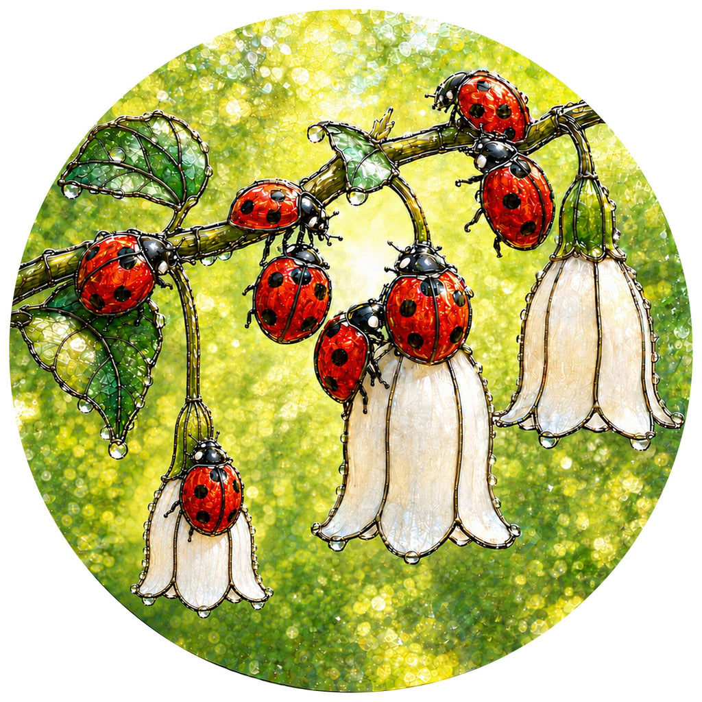 Ladybugs & White Bellflowers Stained Glass Suncatcher