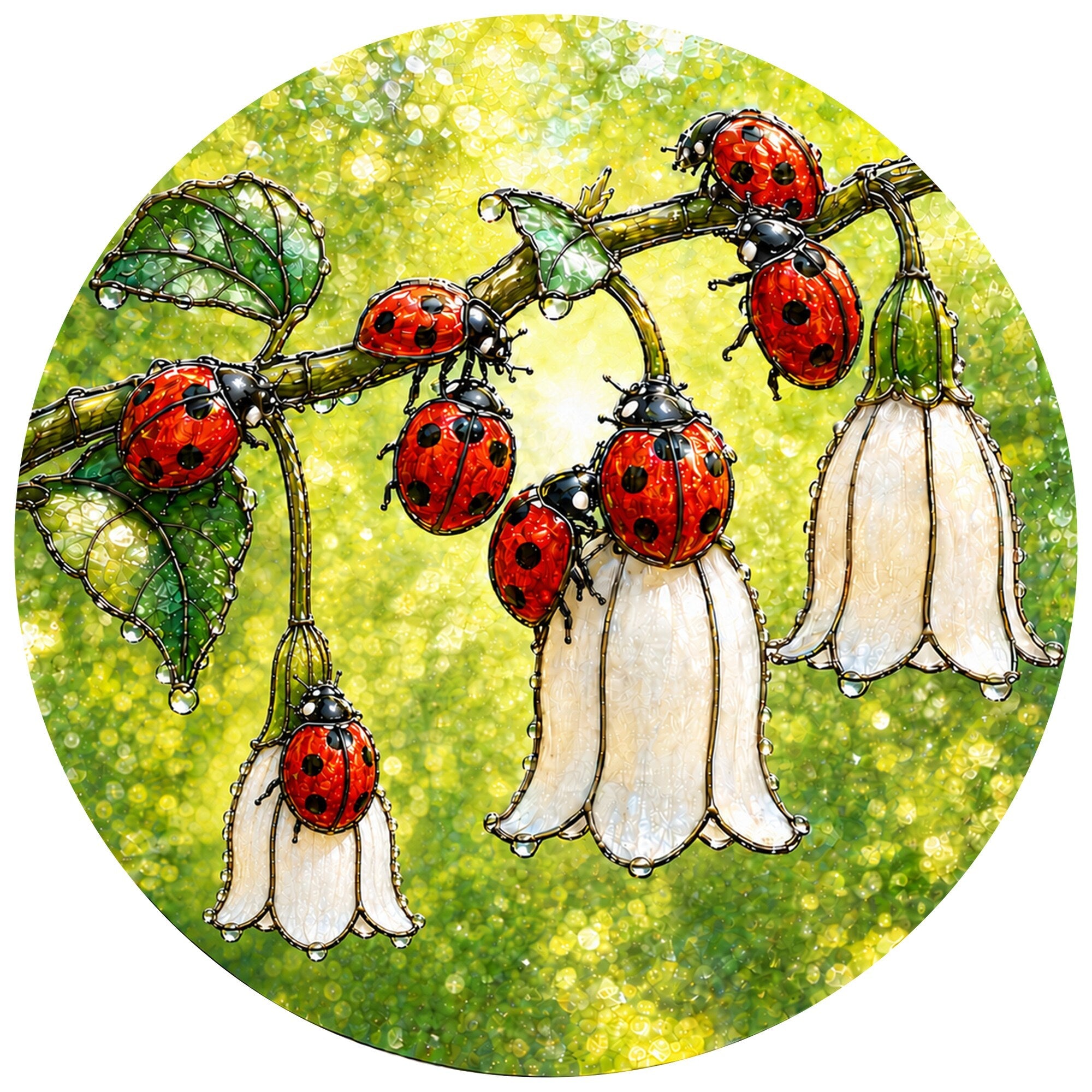 Ladybugs & White Bellflowers Stained Glass Suncatcher