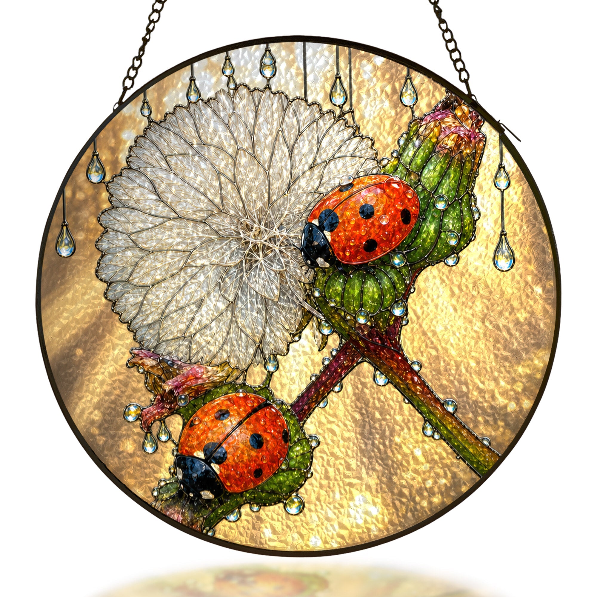 Ladybugs on a dandelion seed head stained glass suncatcher