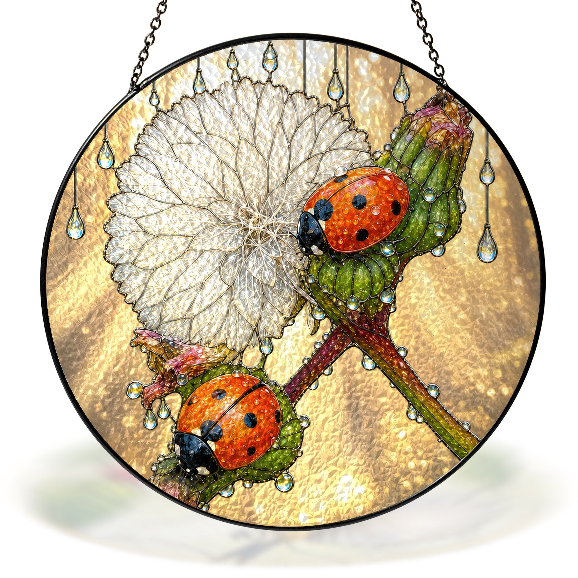 Ladybugs & Dandelion Wish Stained Glass Suncatcher