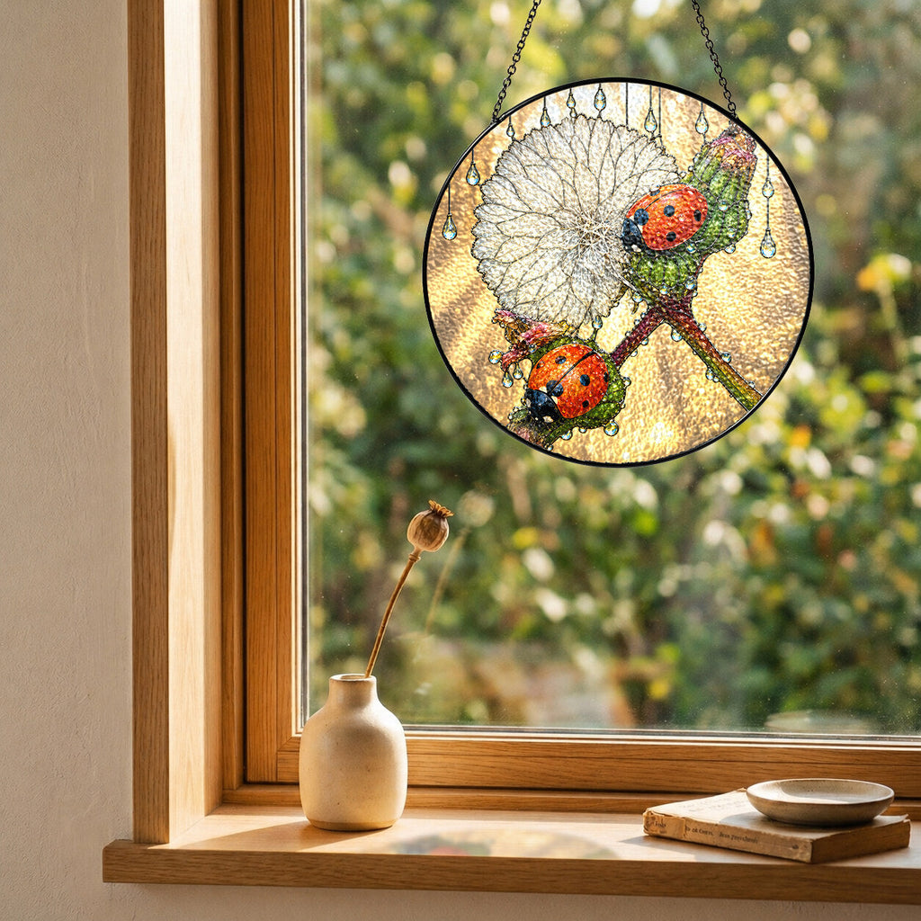 Ladybugs & Dandelion Wish Stained Glass Suncatcher
