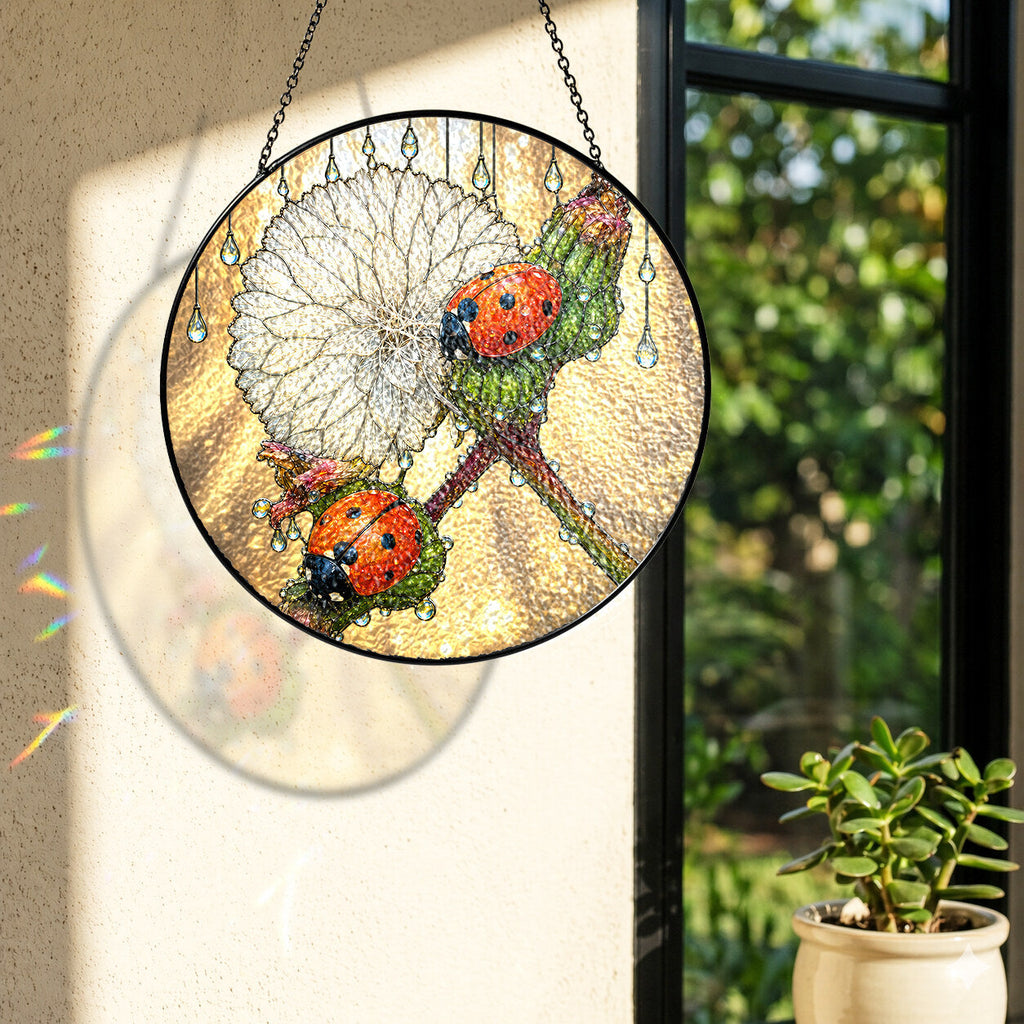 Ladybugs & Dandelion Wish Stained Glass Suncatcher