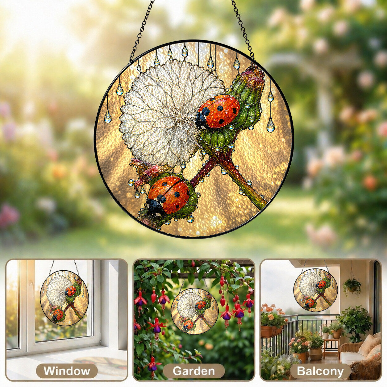 Ladybugs & Dandelion Wish Stained Glass Suncatcher